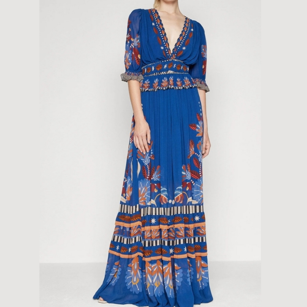 FARM Rio Blue Maxi Dress with Orange and White Floral Print
